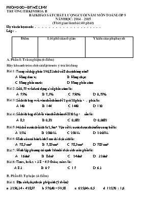 Đề khảo sát chất lượng cuối năm môn Toán Lớp 5 - Năm học 2014-2015 - Trường Tiểu học Kim Hoa B (Có đáp án)